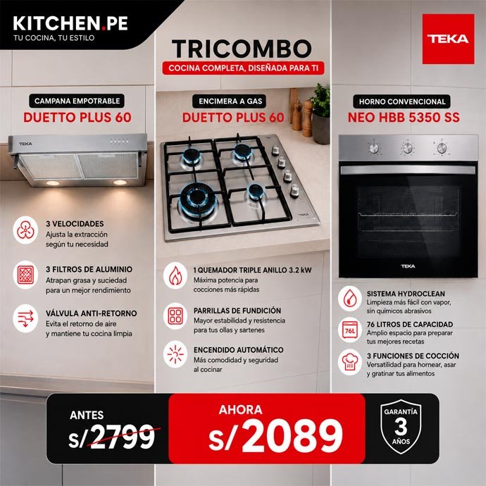 Tricombo4 Campana Empotrable Duetto Plus 60 + Cocina a Gas Duetto Plus 60 + Horno Electrico NEO HBB 5350 SS - Imagen 1