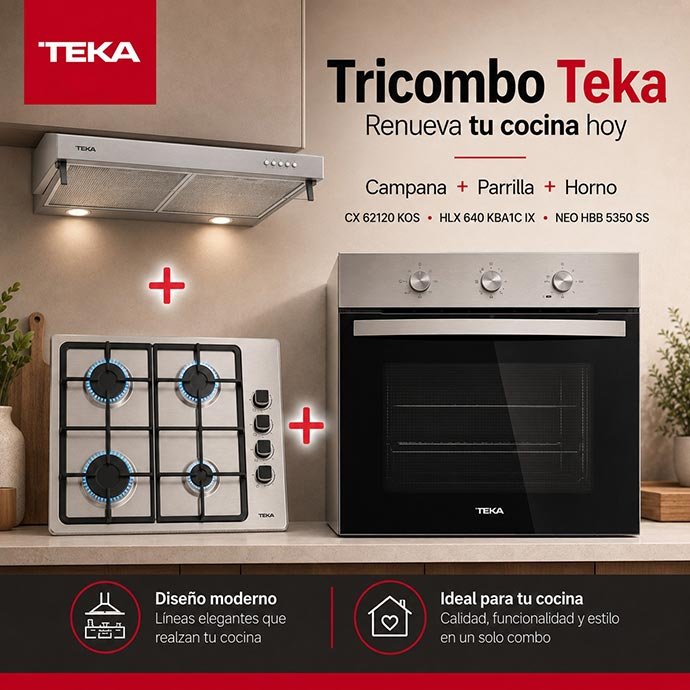 Tricombo51 Tricombo Campana CX 62120 KOS + Cocina a Gas HLX 640 KBA1C IX (CL) + Horno Eléctrico NEO HBB 5350 SS - Imagen 1